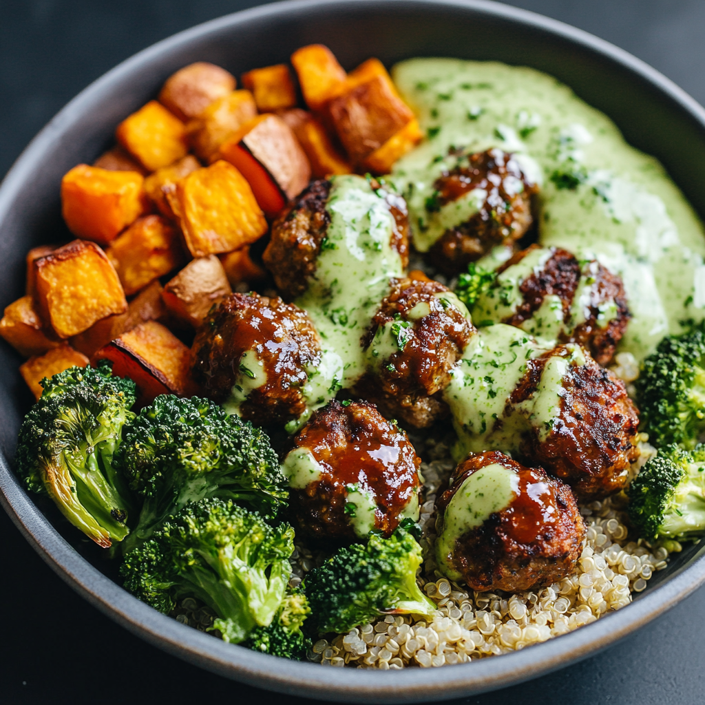 Barbecue Meatball Bowls with Avocado Goddess Sauce