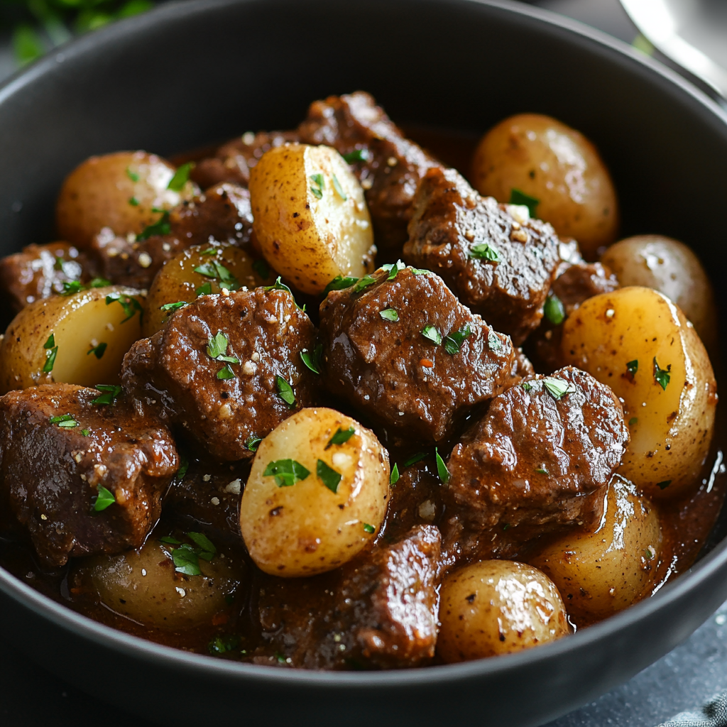 Slow Cooker Garlic Butter Beef Bites & Potatoes