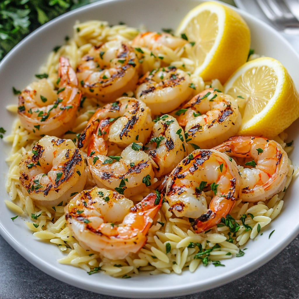 Grilled Garlic Butter Shrimp with Lemon Orzo