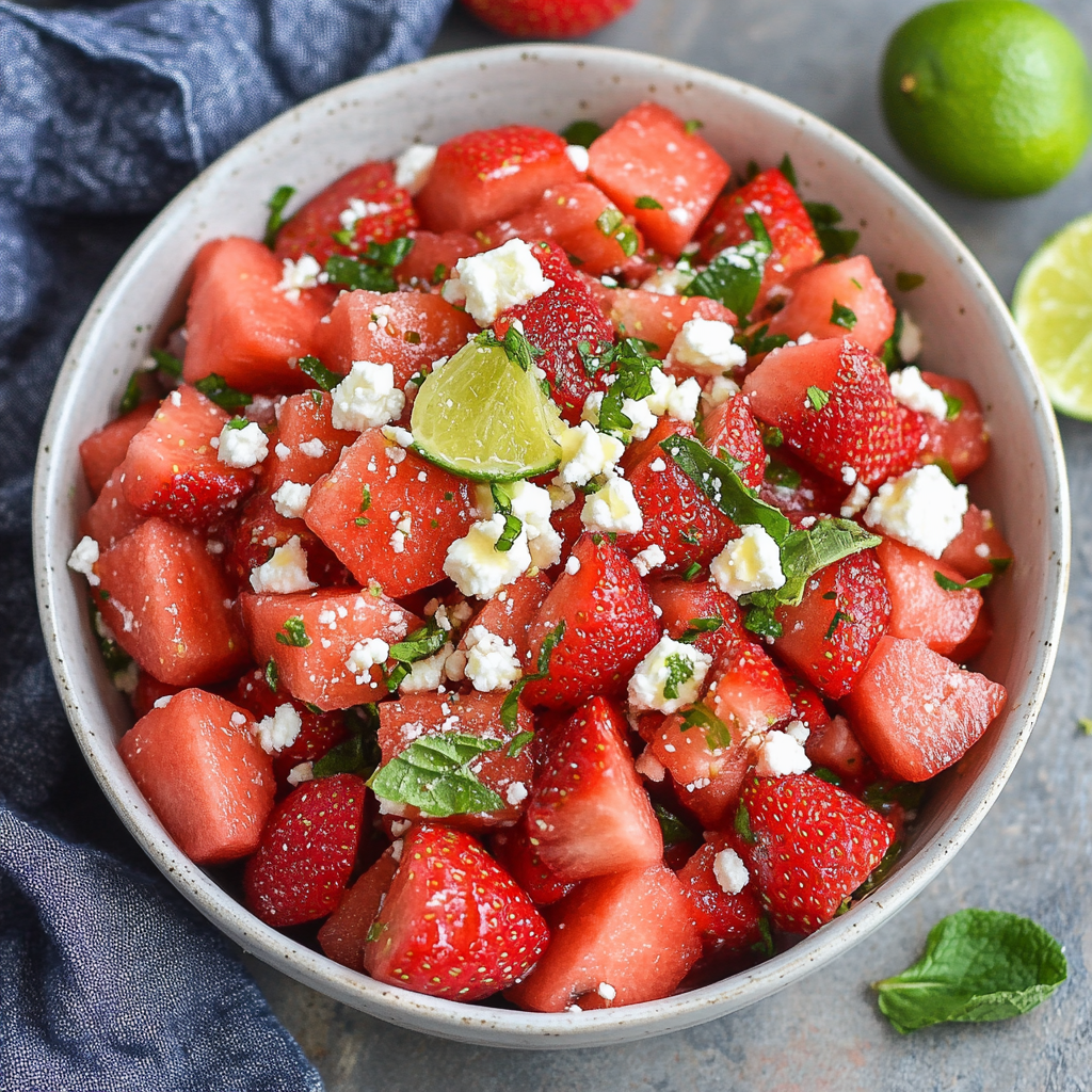 Watermelon Strawberry Salad with Lime Honey Dressing