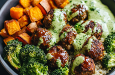 Barbecue Meatball Bowls with Avocado Goddess Sauce